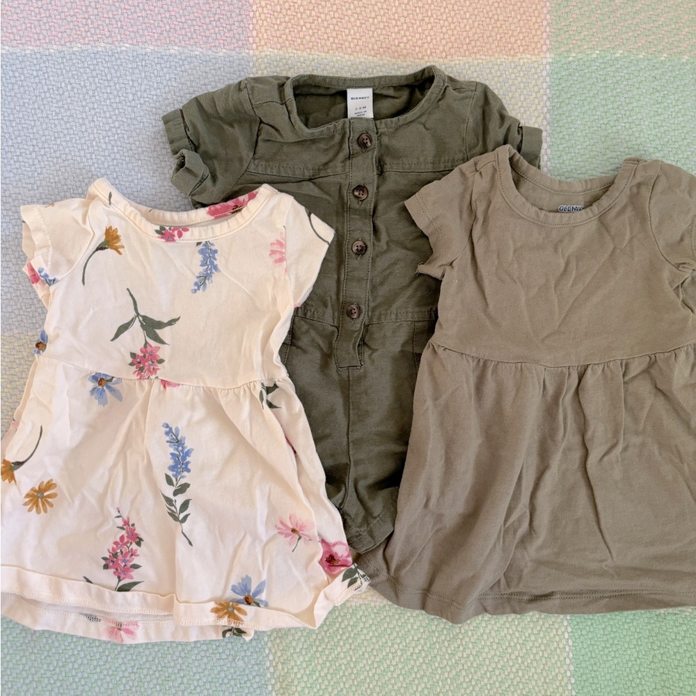 Old Navy 3-6 Months Bundle two dresses one jumpsuit Khaki and Floral
